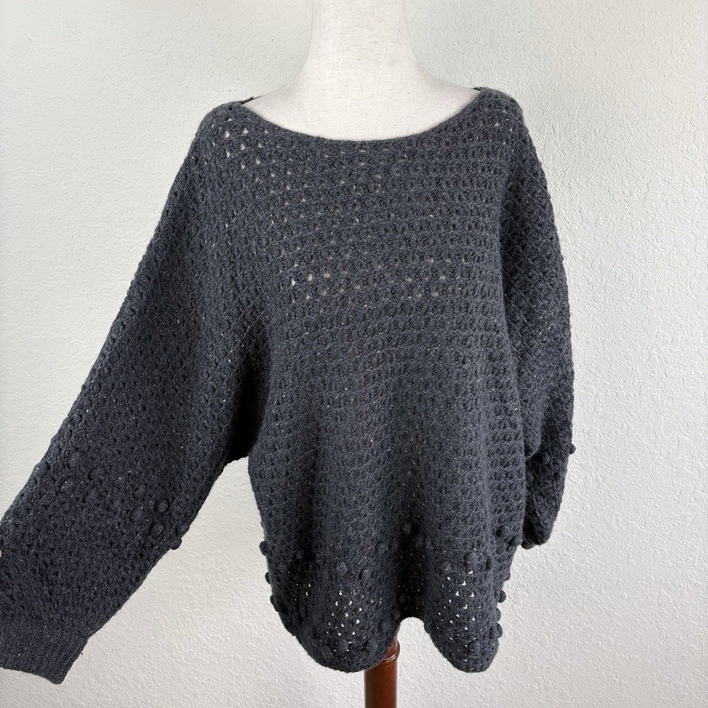 Garnet Hill Sweater Womens S Oversized Gray Bobble Stitch Recycled 100% Cashmere